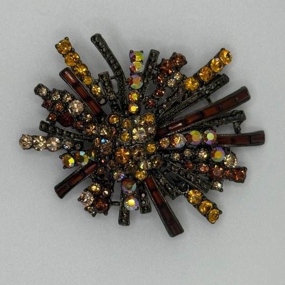 Jewelry - Vintage Amber Topaz Rhinestone Starburst Sparkle Brooch Gunmetal Sunburst Pin